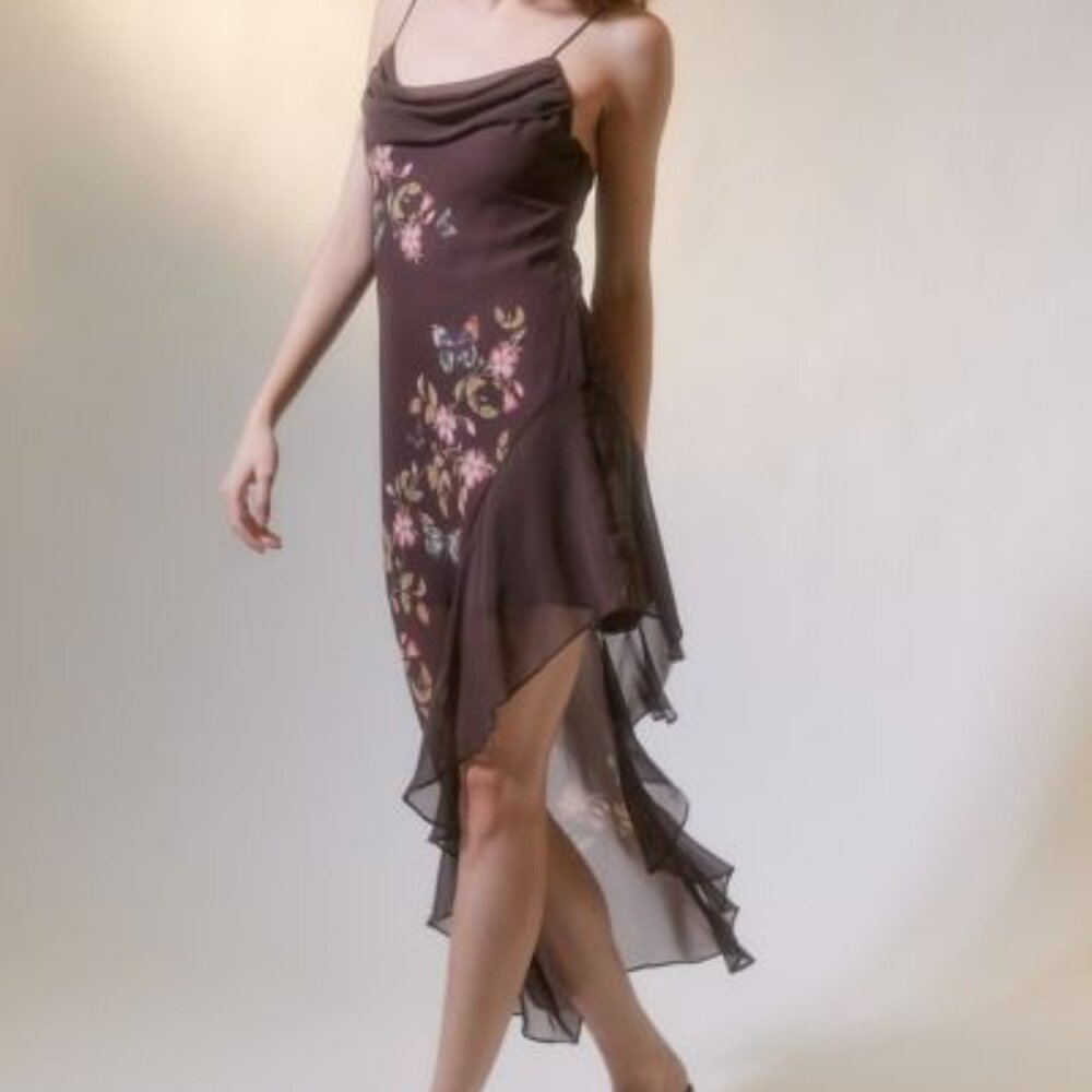 90's Style Urban Outfitters Tierra Chiffon Cowl Neck Assymetrical Midi Dress New